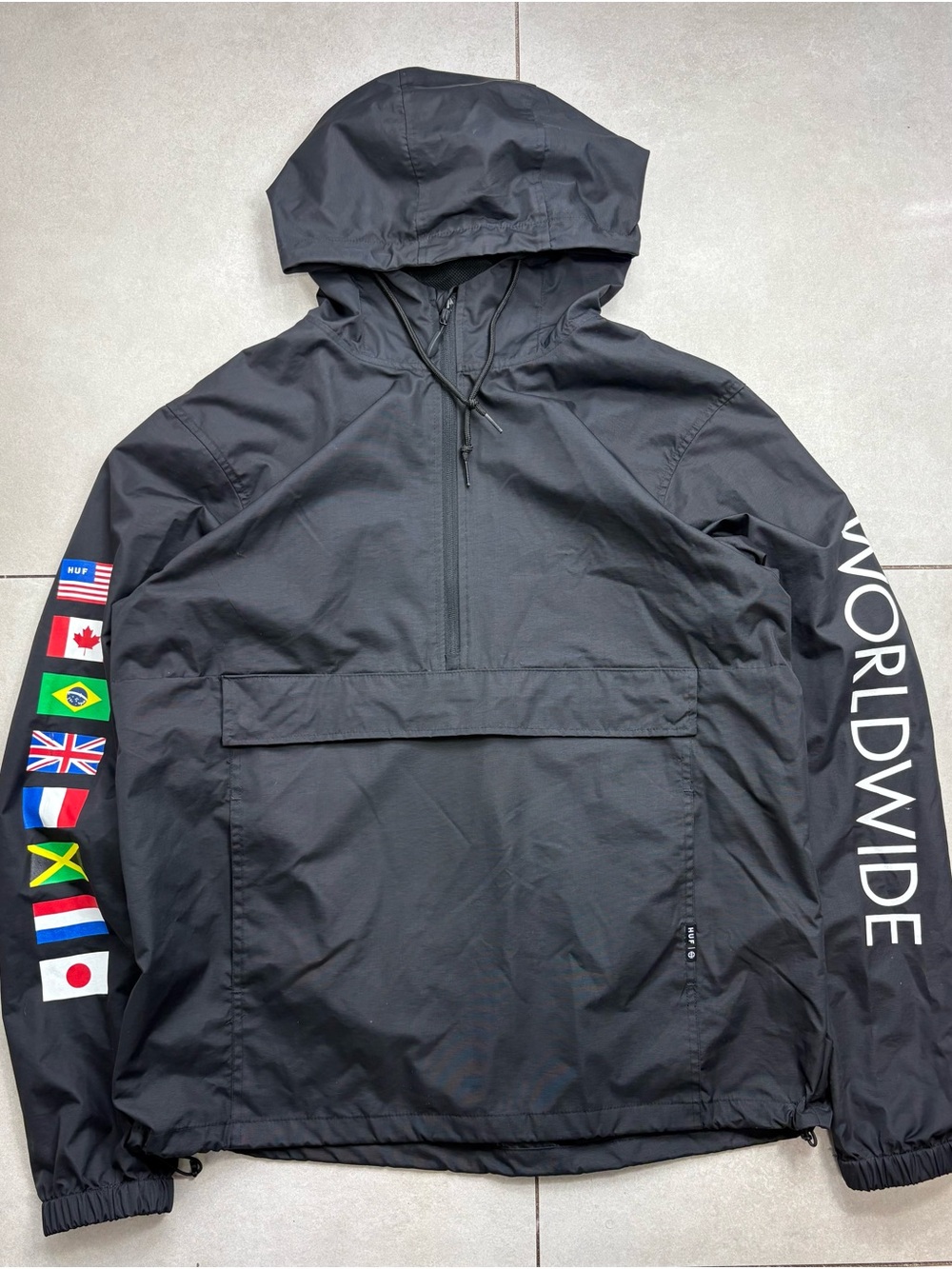 HUF Black Worldwide Flag-Detail Hooded Windbreaker